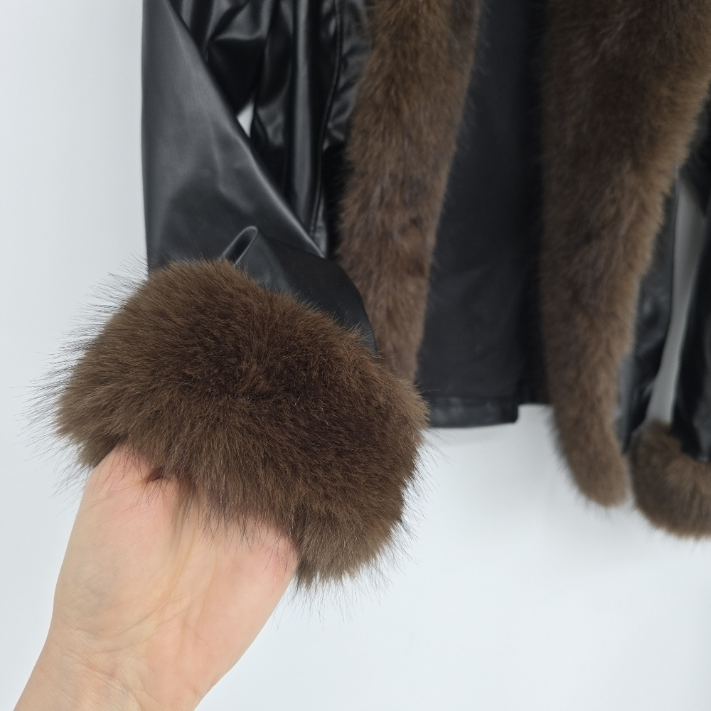 Chic Mood Brown Fur Cardigan faux leather jacket black brown small - Picture 6 of 9